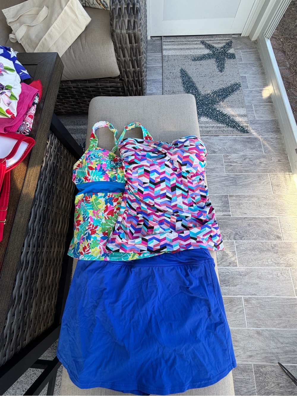 Lands end tankini top, Blue Swim Skort plus Multi-Pattern Tankini Top